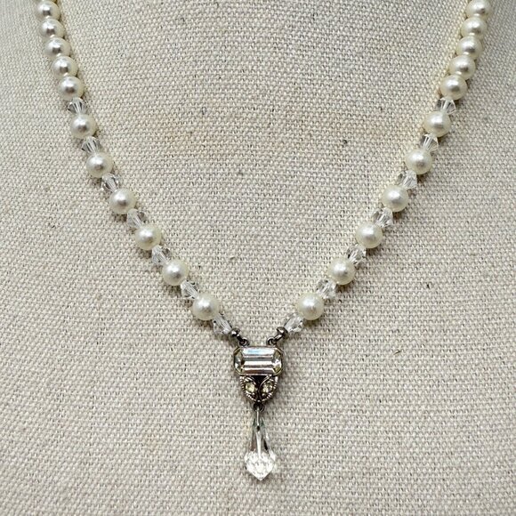 Vintage Faceted Crystal Bead Necklace‎ Faux Pearl Silver-Tone Classic Elegant - Picture 1 of 8